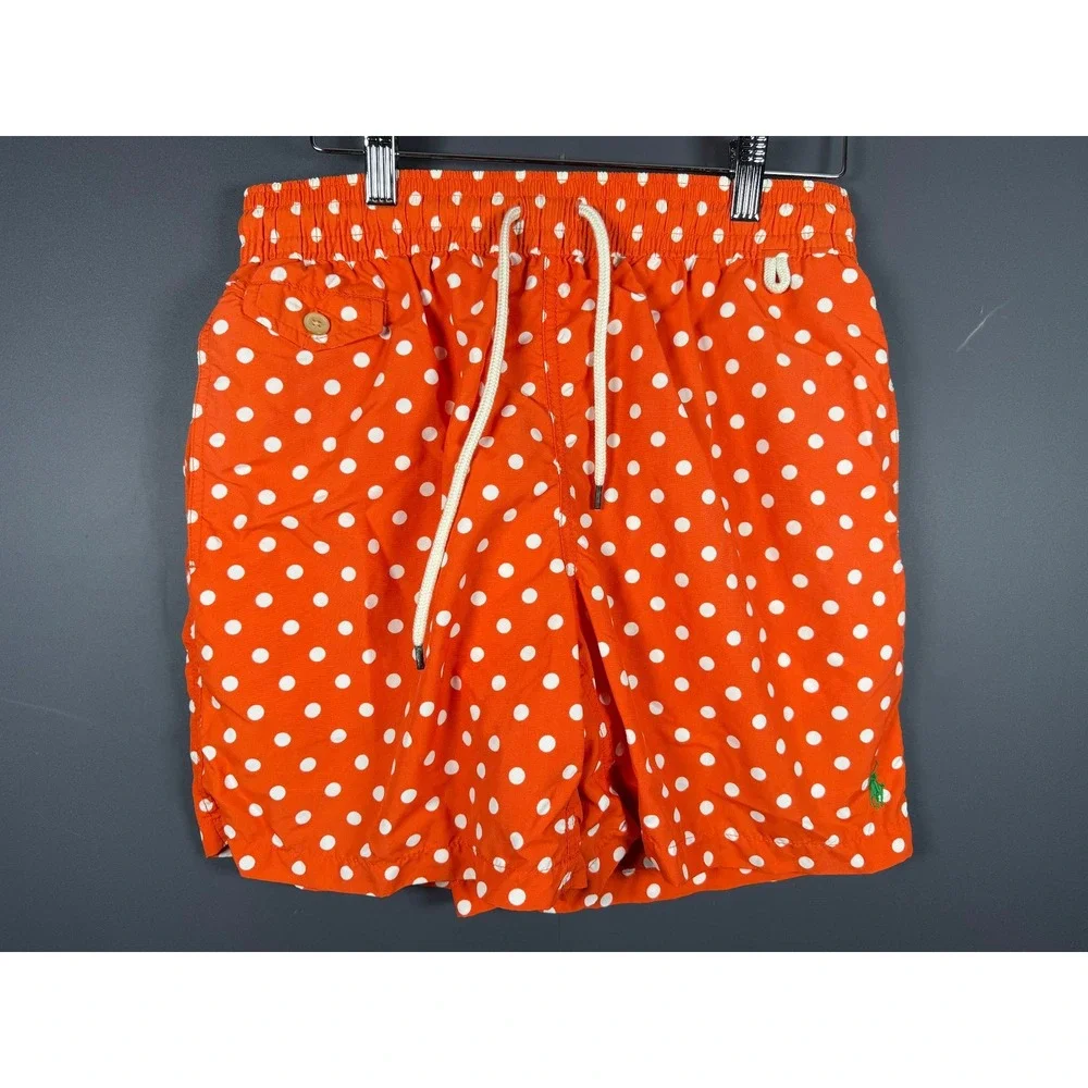 Polo Ralph Lauren Mens Small Orange Polka Dot Lined Swim Trunks Shorts